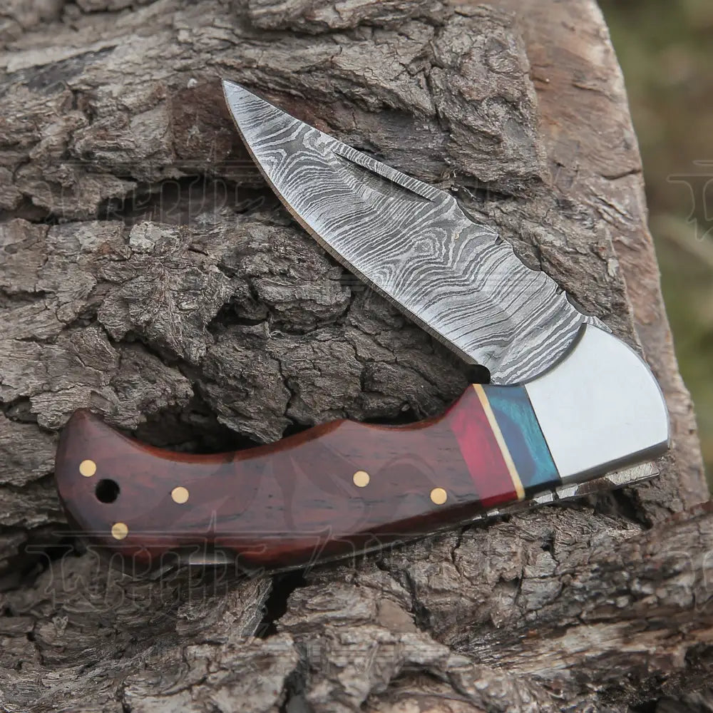 Custom Hand Forged Damascus Folding Pocket Knife With Wood Handle & Back Lock