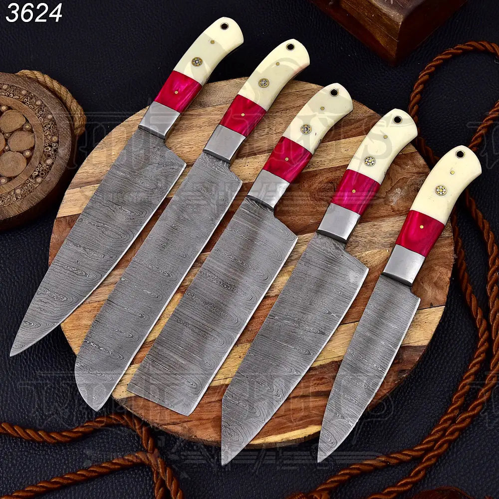 Custom Hand Made Forged Damascus Chef Knife Set Steel Bolster With Bone & Stained Wood Handle WH 3624
