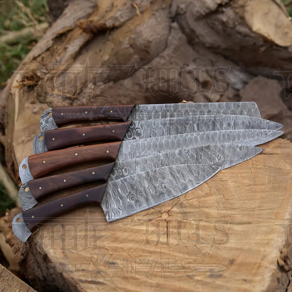 Custom Hand Made Forged Damascus Steel Chef Knife Set Kitchen Knives With Wood Handle WH 9009