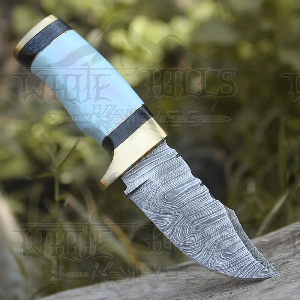 Custom Handmade Damascus Steel Skinner Hunting Knife Bone & Brass Guard Handle WH 3547