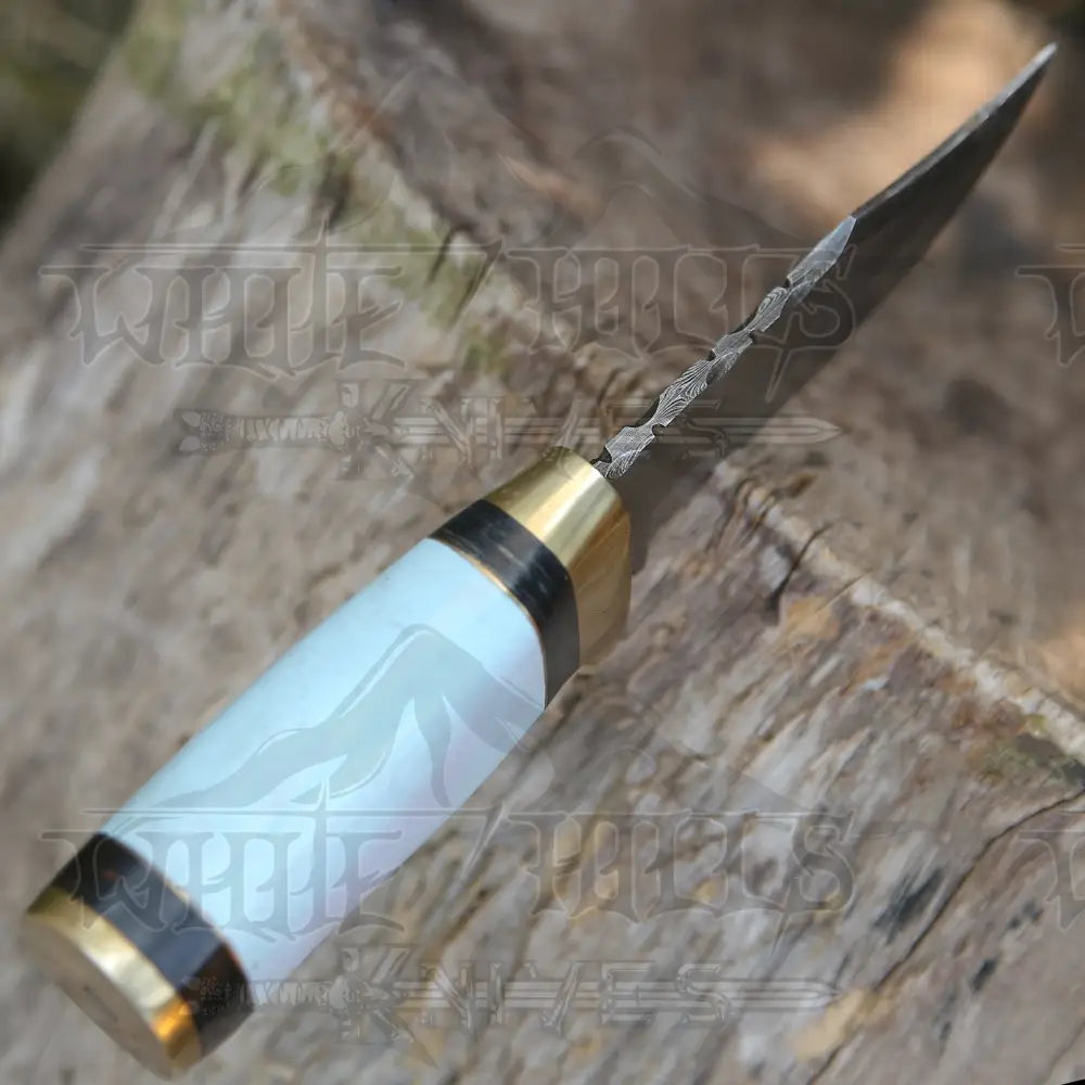 Custom Handmade Damascus Steel Skinner Hunting Knife Bone & Brass Guard Handle WH 3547