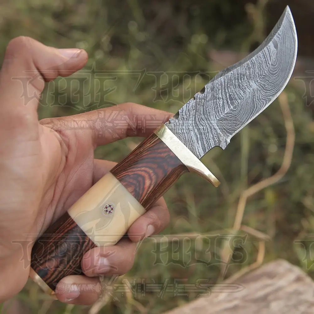 CUSTOM HANDMADE FORGED DAMASCUS Steel Hunting Knife W /Wood & camel bone Handle