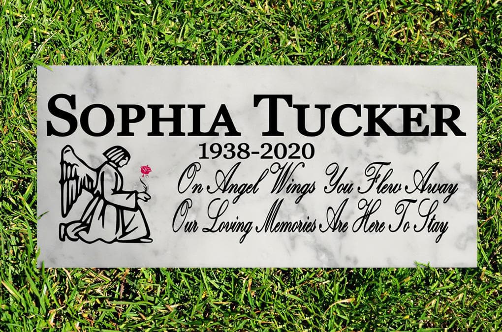 Custom Loved One Memorial Plaque - Solid Marble 12in x 6in - On Angel Wings You Flew Away