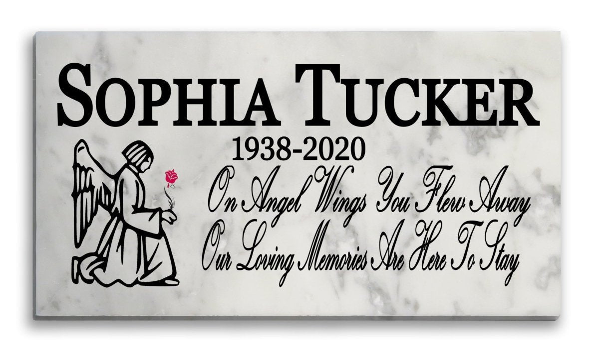 Custom Loved One Memorial Plaque - Solid Marble 12in x 6in - On Angel Wings You Flew Away
