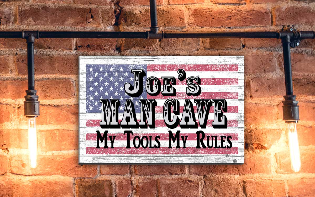 Custom Man Cave Sign – Personalized American Flag Wall Art with Name & Saying | Gift for Men, Dad, Husband, or Grandpa