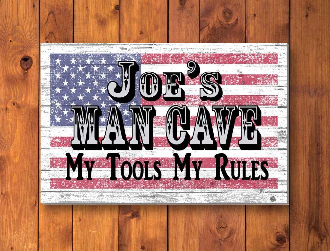 Custom Man Cave Sign – Personalized American Flag Wall Art with Name & Saying | Gift for Men, Dad, Husband, or Grandpa