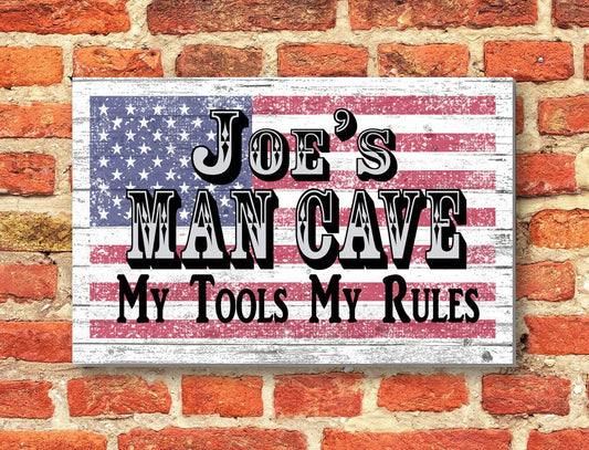 Custom Man Cave Sign – Personalized American Flag Wall Art with Name & Saying | Gift for Men, Dad, Husband, or Grandpa