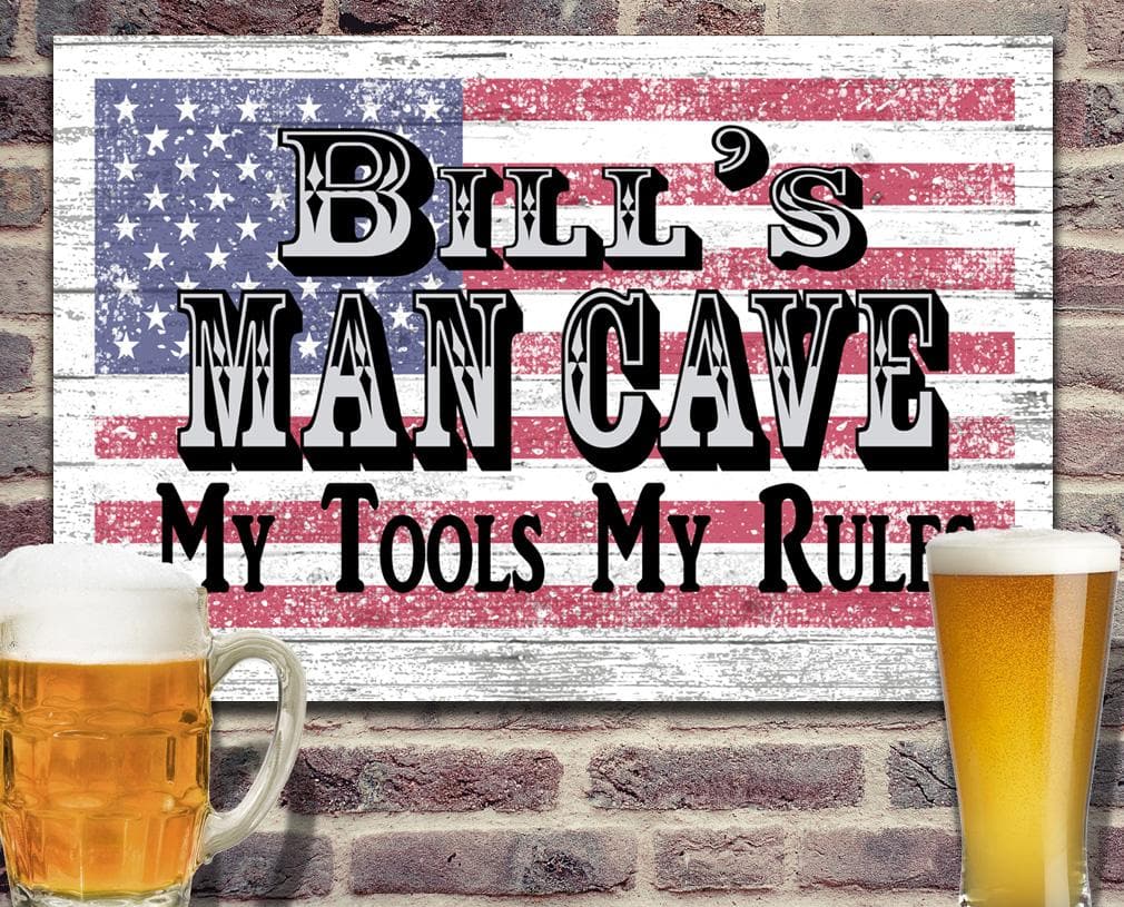 Custom Man Cave Sign – Personalized American Flag Wall Art with Name & Saying | Gift for Men, Dad, Husband, or Grandpa