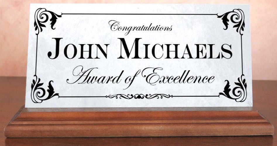 Award of Excellence Plaque – Personalized Marble Desk Sign for Employee Recognition