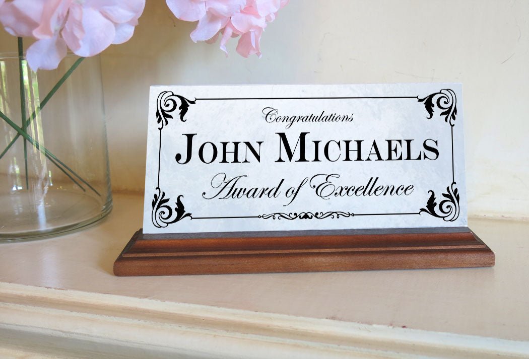 Award of Excellence Plaque – Personalized Marble Desk Sign for Employee Recognition