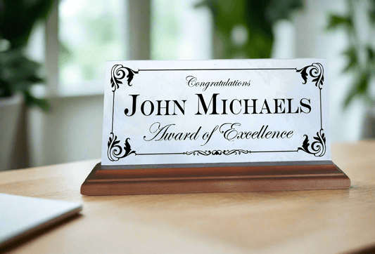 Award of Excellence Plaque – Personalized Marble Desk Sign for Employee Recognition