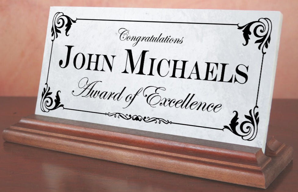 Award of Excellence Plaque – Personalized Marble Desk Sign for Employee Recognition