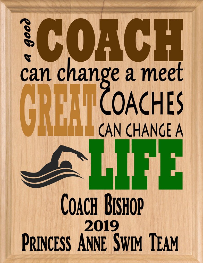 Custom Swim Coach Gift – Personalized Wood Plaque with Name & Year – “Great Coaches Change Lives” – Solid Wood – USA Made – 11x8.5