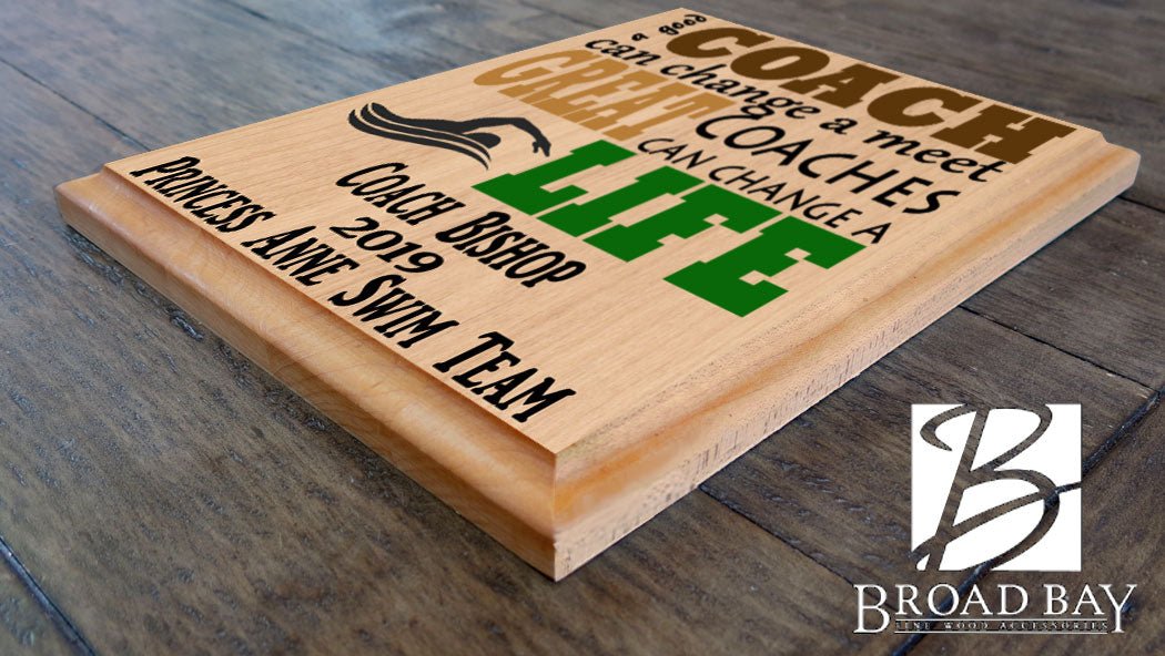 Custom Swim Coach Gift – Personalized Wood Plaque with Name & Year – “Great Coaches Change Lives” – Solid Wood – USA Made – 11x8.5