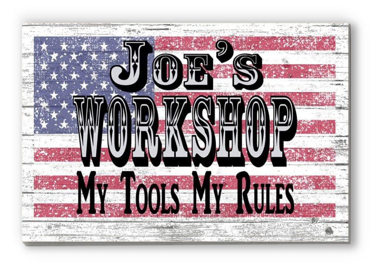 Custom Workshop Sign – Personalized American Flag Wall Art with Name & Saying | Gift for Dad, Husband, or Handyman