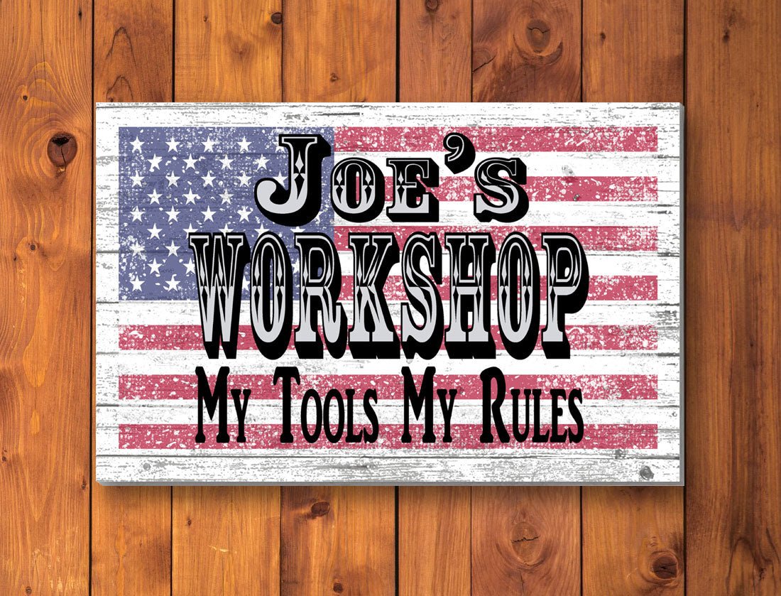 Custom Workshop Sign – Personalized American Flag Wall Art with Name & Saying | Gift for Dad, Husband, or Handyman