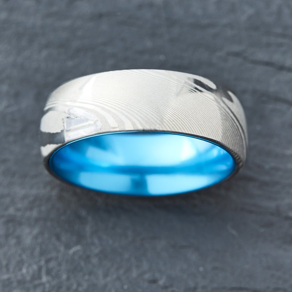 Wood Grain Damascus Steel Ring - Resilient Blue