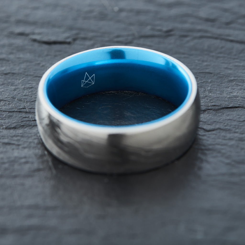 Wood Grain Damascus Steel Ring - Resilient Blue