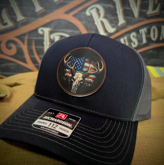 Patriotic Buck II Round Leather Patch Hat Deer Skull and Flag