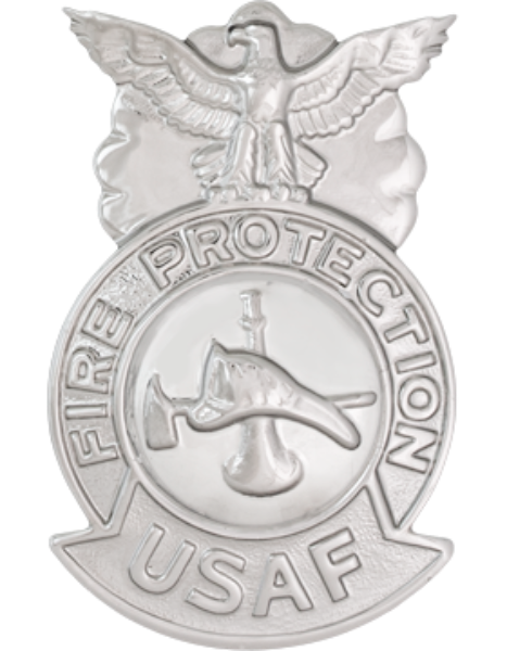 USAF Firefighter Badge - Metal CHROME Bugle Crossed Axe/Helmet