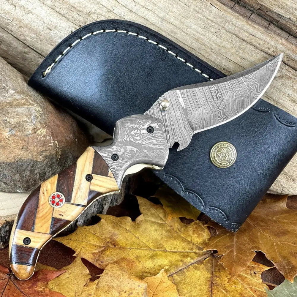 Damascus Steel Folding Pocket Knife - 7.5" Handmade Gift Knife with Olive & Dark Wood Handle - Camping Pocket Knife