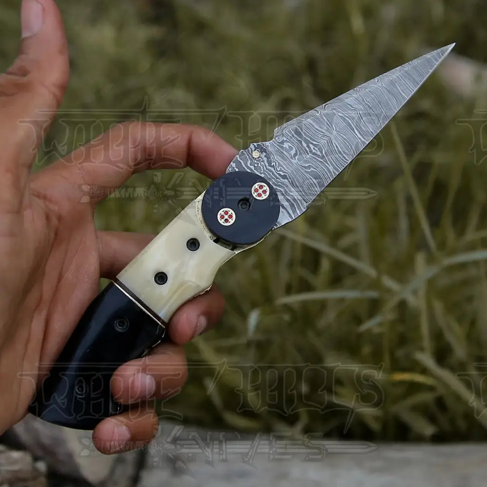 Damascus Steel Folding Pocket Knife - 8" Handmade Gift Knife with Camel Bone & Resin Handle - Camping Pocket Knife