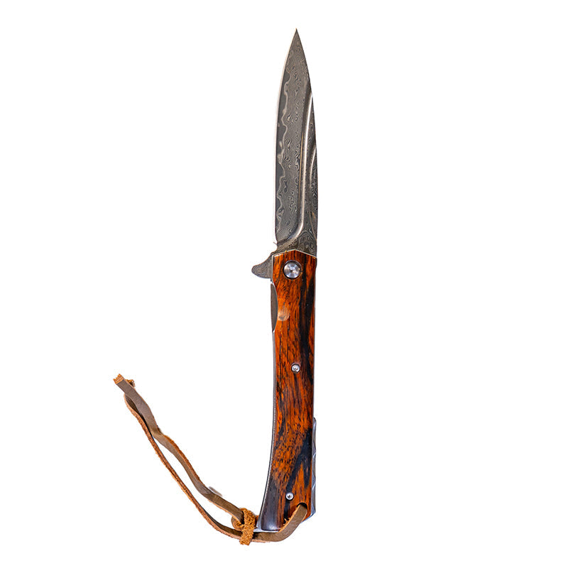 Damascus Steel Flipper Knife Wood Handle Liner Lock 3.875" Blade 8.5" EDC