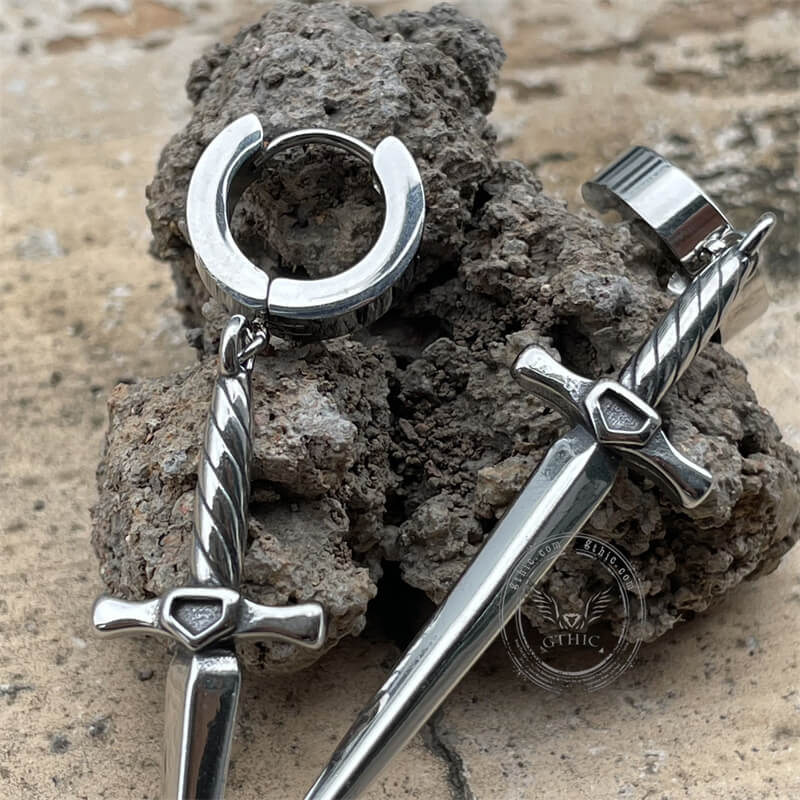 Dangle Sword Stainless Steel Hoop Earrings