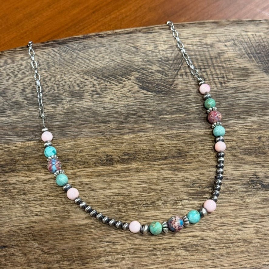 Queen Conch and Round Turquoise Mosaic Beaded Necklace