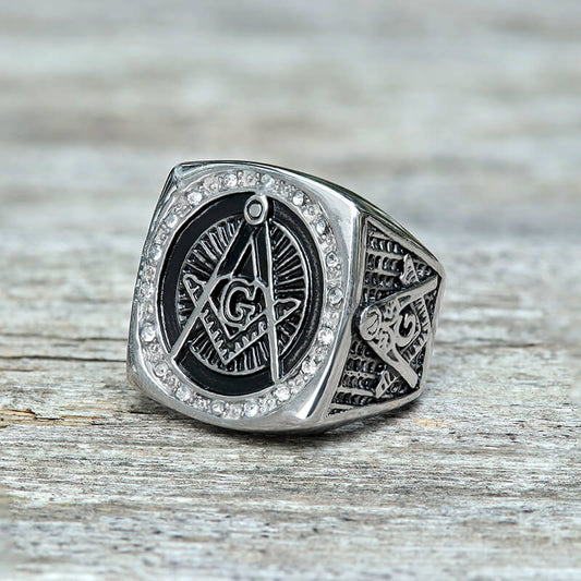 Diamond Masonic Symbol Stainless Steel Ring