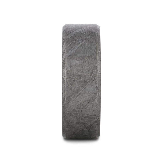 DIEMOS Flat Black Titanium Ring with Meteorite Pattern and Beveled Edges – 8mm