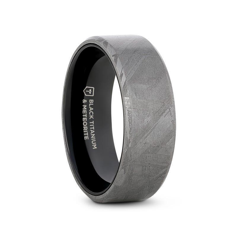 DIEMOS Flat Black Titanium Ring with Meteorite Pattern and Beveled Edges – 8mm