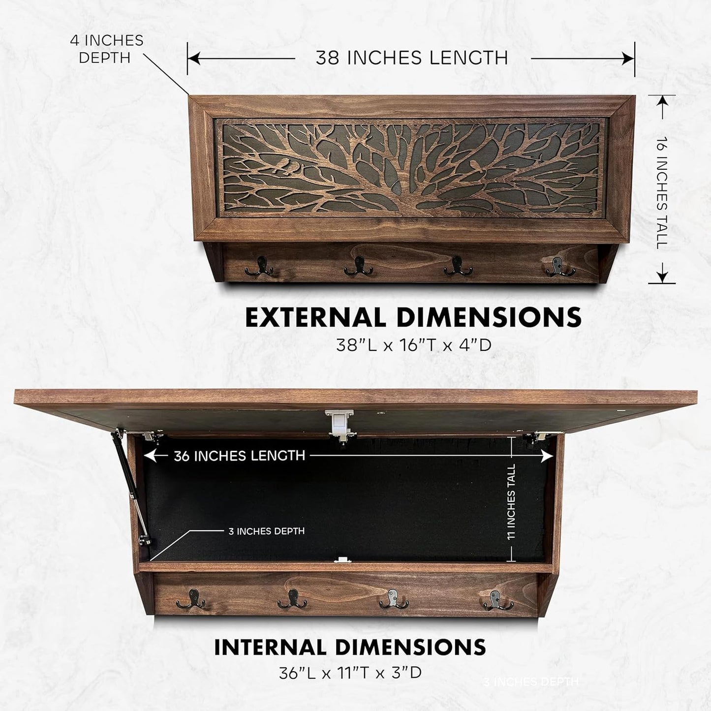 Birds in a Tree Large Gun Concealment Coat Rack - Handcrafted Wooden Gun Cabinets - Gun Shelf Hidden Storage for Rifles, Shotguns, & Handguns - Quick Access Hidden Wall Safe