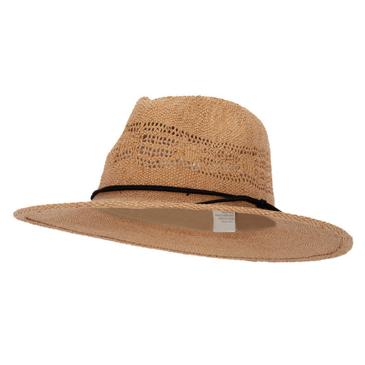 Women's Paper Open Weave Designed Crown Large Brim Fedora Hat
