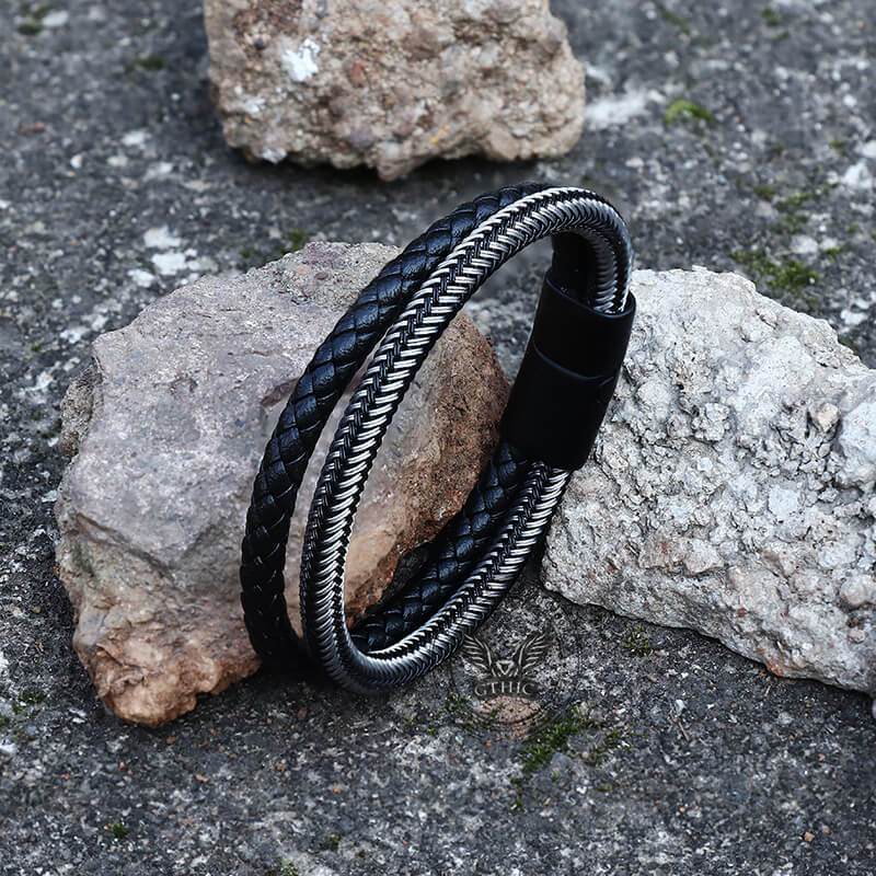 Double Braided Leather Stainless Steel Bracelet