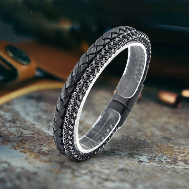 Double Braided Leather Stainless Steel Bracelet