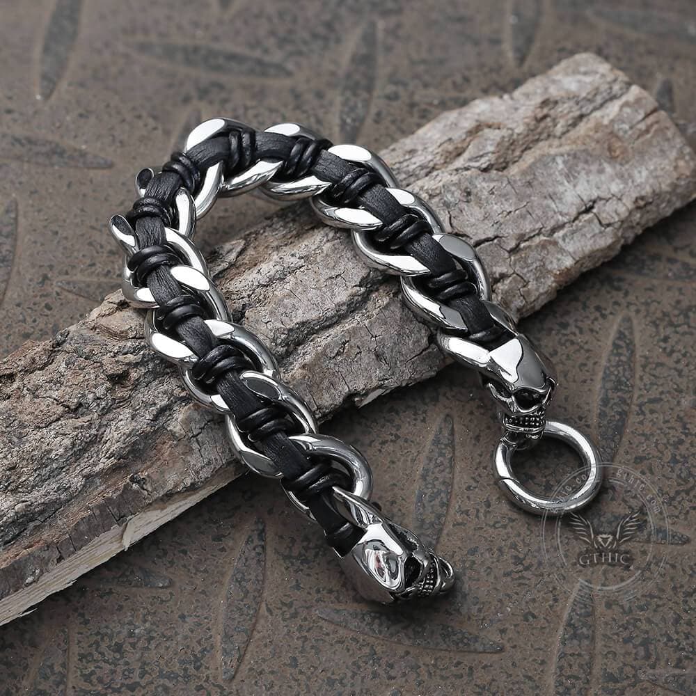 Double Head Skull Buckle Stainless Steel Braided Bracelet