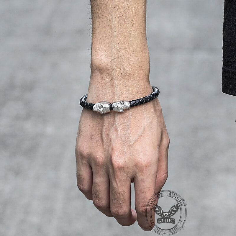 Double Skull Braided Stainless Steel Magnetic Buckle Leather Bracelet