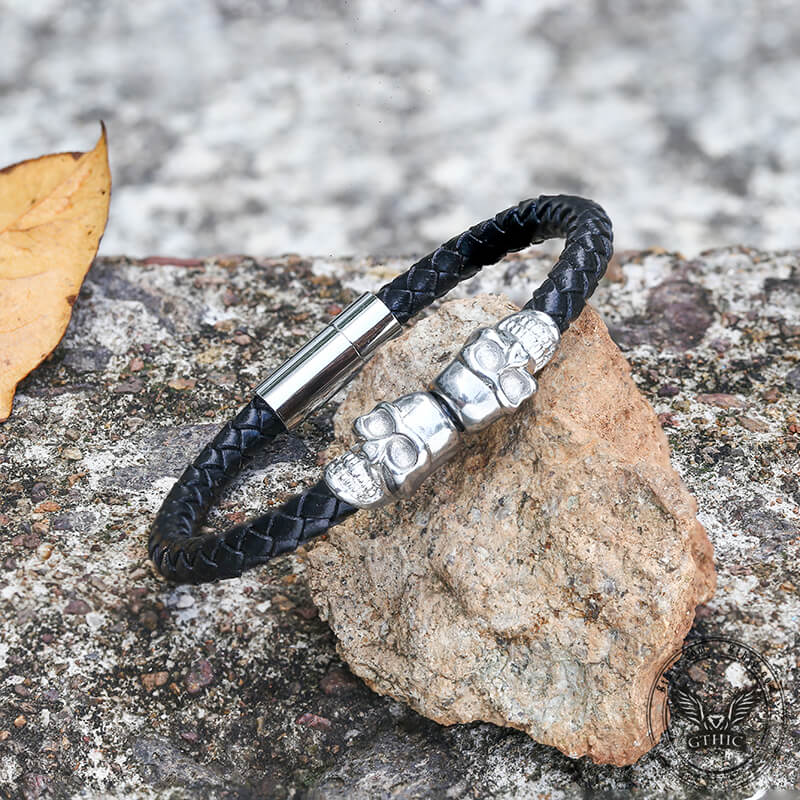 Double Skull Braided Stainless Steel Magnetic Buckle Leather Bracelet