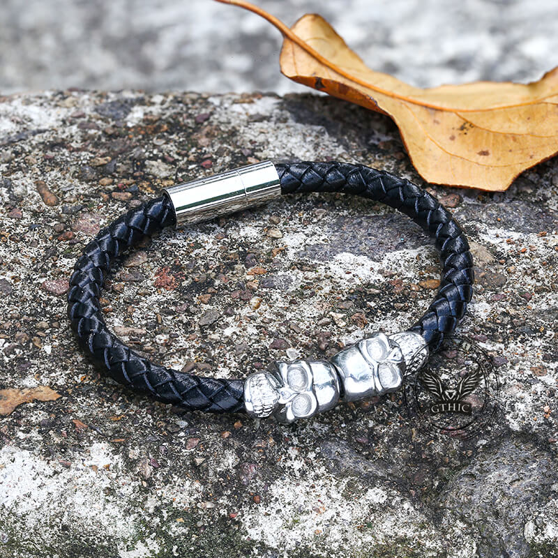 Double Skull Braided Stainless Steel Magnetic Buckle Leather Bracelet