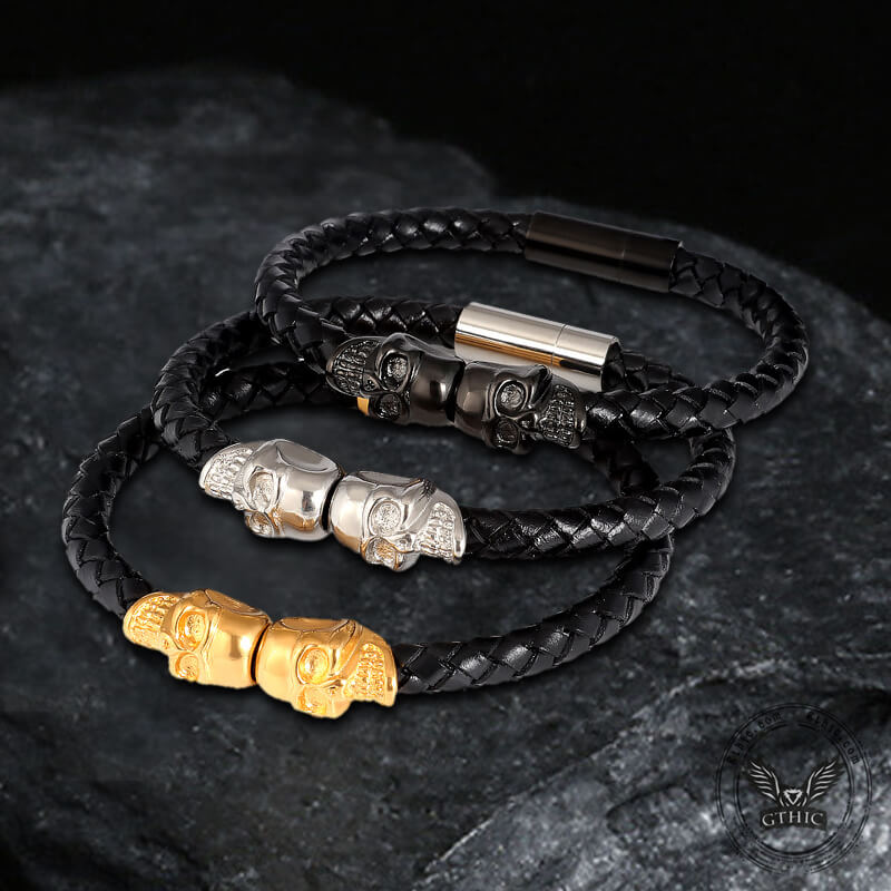 Double Skull Braided Stainless Steel Magnetic Buckle Leather Bracelet