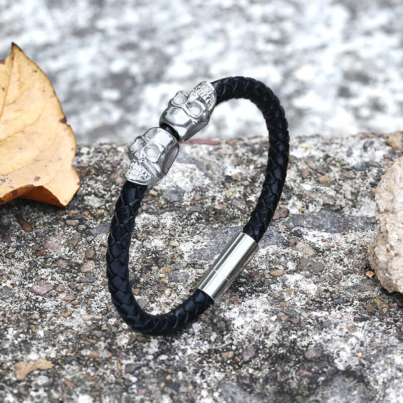 Double Skull Braided Stainless Steel Magnetic Buckle Leather Bracelet