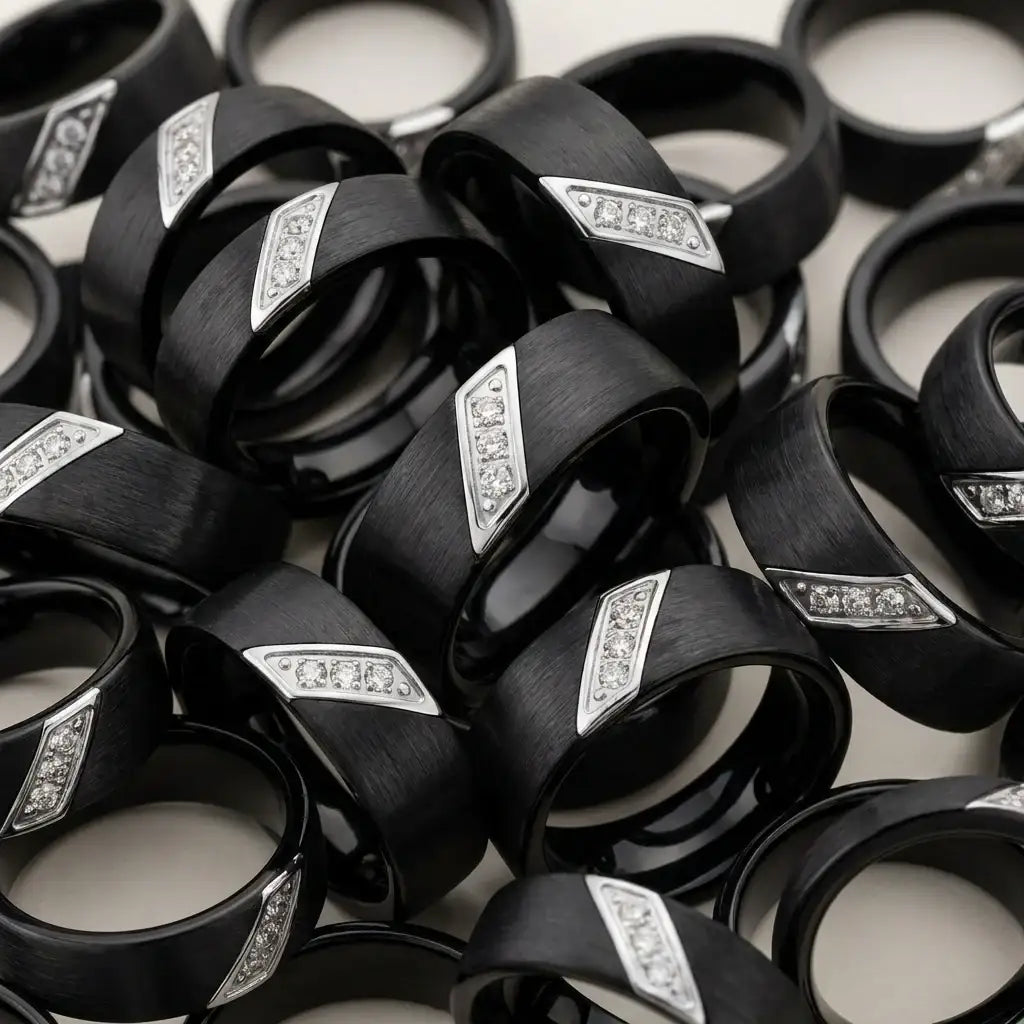 LIAM 8mm Flat Black Satin Tungsten Carbide Wedding Band with Diagonal Diamonds in Stainless Steel