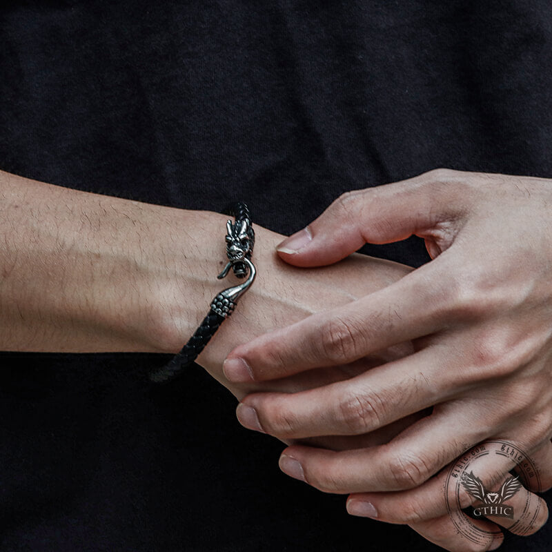 Dragon Clasp Stainless Steel Leather Bracelet