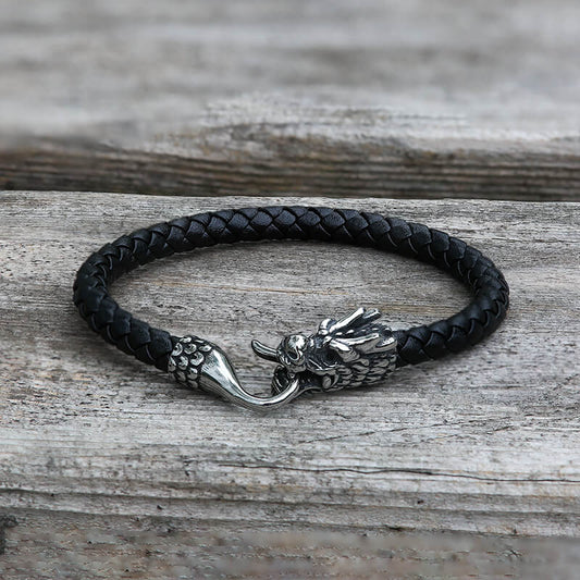 Dragon Clasp Stainless Steel Leather Bracelet