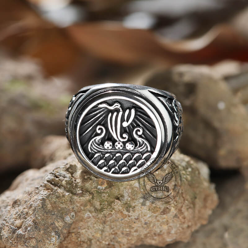 Dragon Ship Stainless Steel Viking Ring