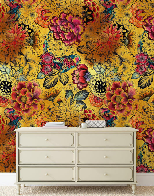 Japanese Art Koi Fish Peel and Stick Wallpaper. Gold Flowers Background.  Removable Wall Mural #6192