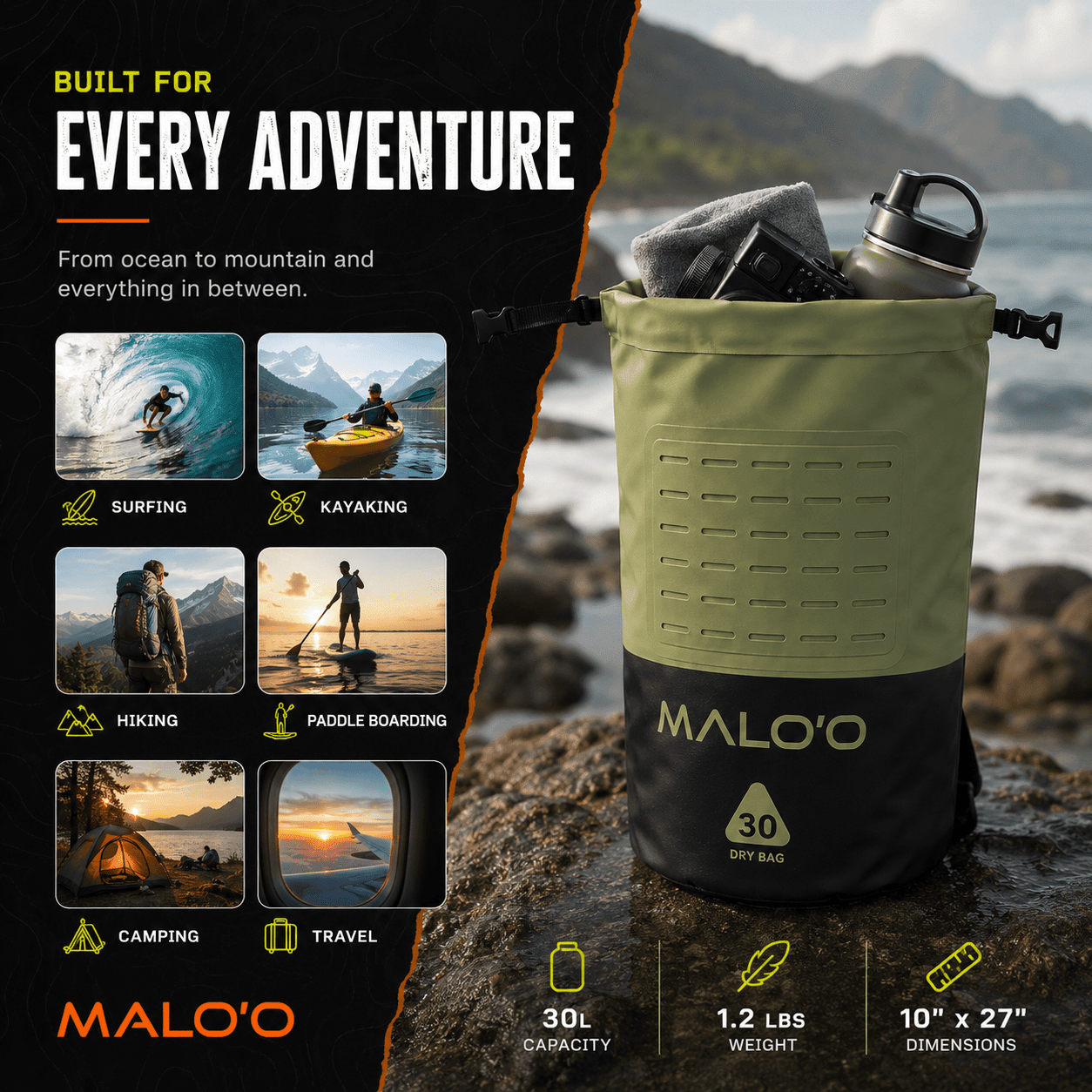 30L Waterproof Dry Bag – Roll-Top Kayak, Beach & Travel Gear Bag