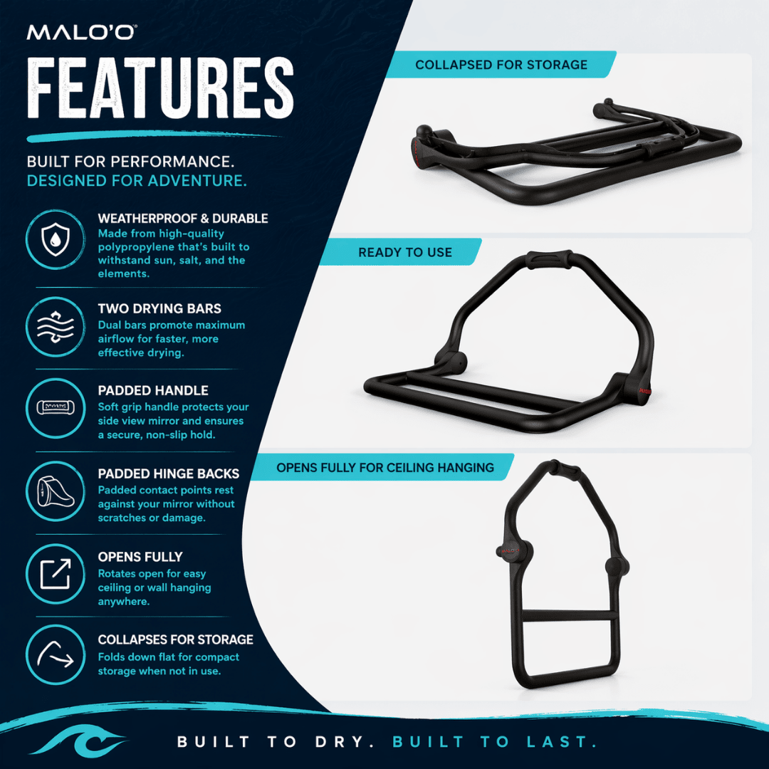 DryRack Mirror Mount – Vehicle-Mounted Gear Dryer for Surf, Beach & Outdoor Use