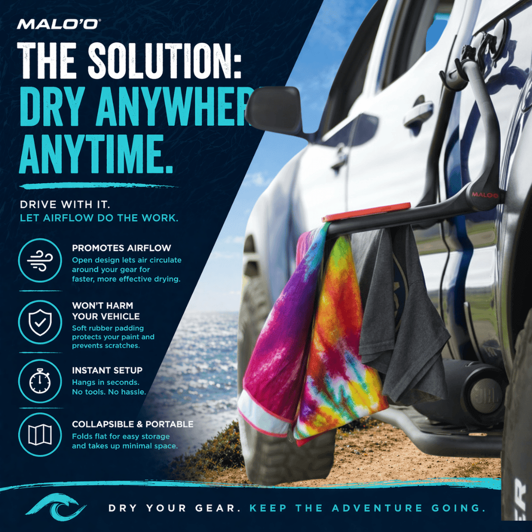 DryRack Mirror Mount – Vehicle-Mounted Gear Dryer for Surf, Beach & Outdoor Use